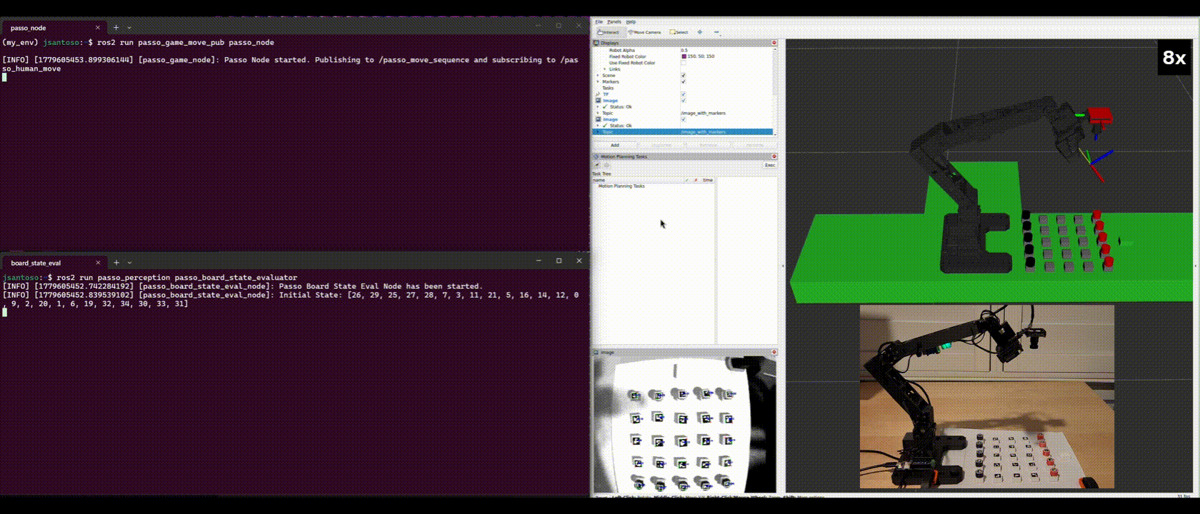 GIF showing a full gameplay with real robot and human moving their pieces directly - side view.